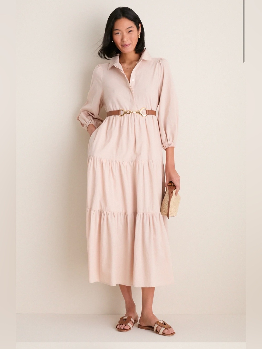Pomander Place Blush Tiered Midi Shirt Dress